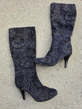 Vintage Diba Paisley Glitter Knee High Boots Tapestry Burnout Y2K 90s 7M Whimsi
